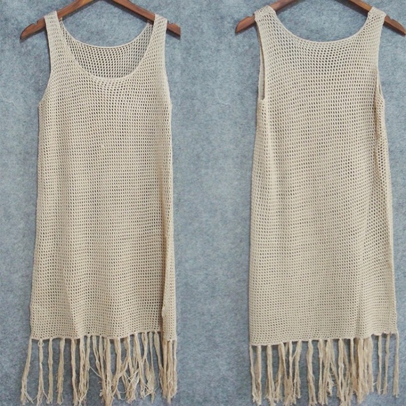 CLEARANCE Tan Crochet Boho Sleeveless Fishnet Tassel Coverup - Picture 2 of 4